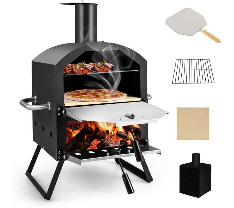 Four à Pizza Extérieur à 2 Couches Etagère Du Milieu Amovible, Housse Etanche Cheminée