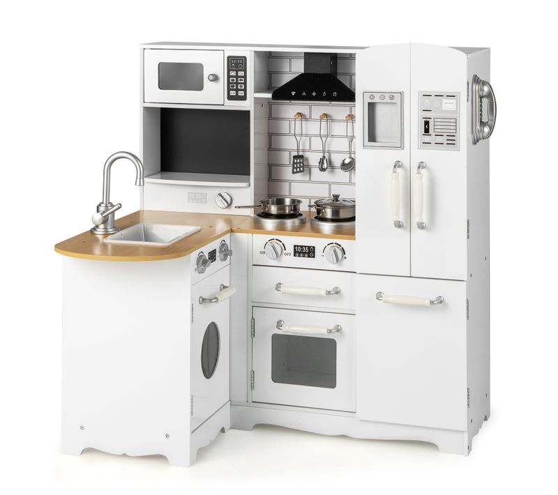 Cuisine D’angle Enfants Avec Réfrigérateur Latéral, Cuisinière De Jeu En Bois, De 3 Ans+