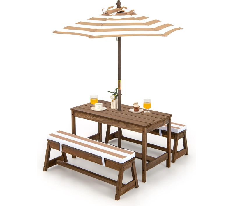 Table De Pique-nique Pour Enfants Avec Parasol Réglable, Salon De Jardin En Bois,marron