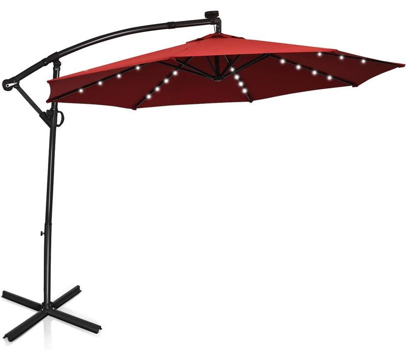 Parasol Déporté Exterieur Lumières LED Solaires 3m, Parasol De Marché à 8 Côtes En Aluminium