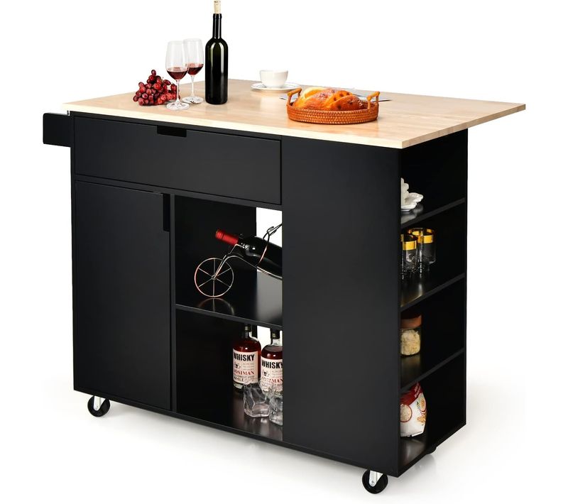 Ilot Central Cuisine Plateau En Bois D'hévéa Pliable, Desserte à Roulettes Porte-serviettes,noir