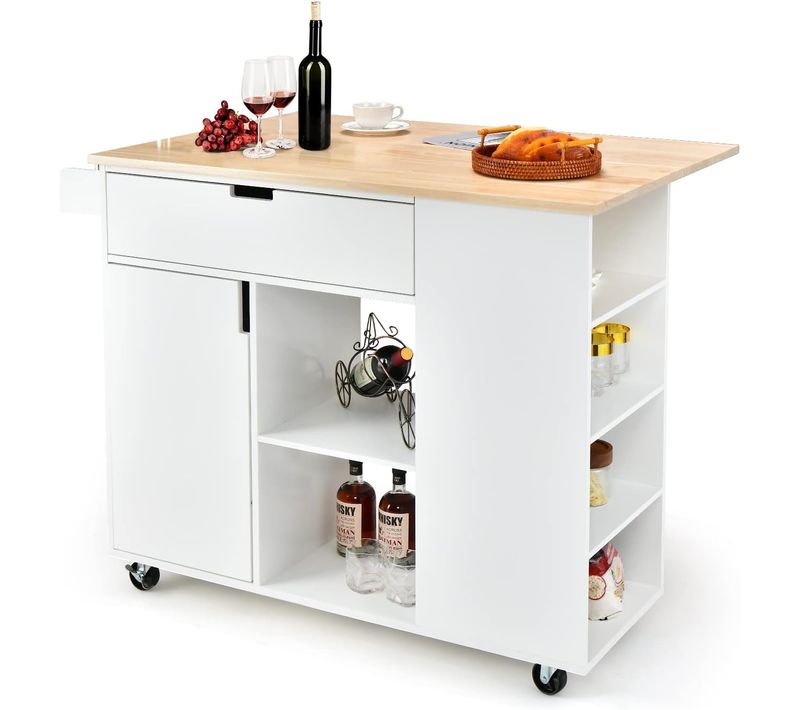 Ilot Central Cuisine Comptoir En Bois De Caoutchouc Pliable, Desserte 124x76x92cm Blanc