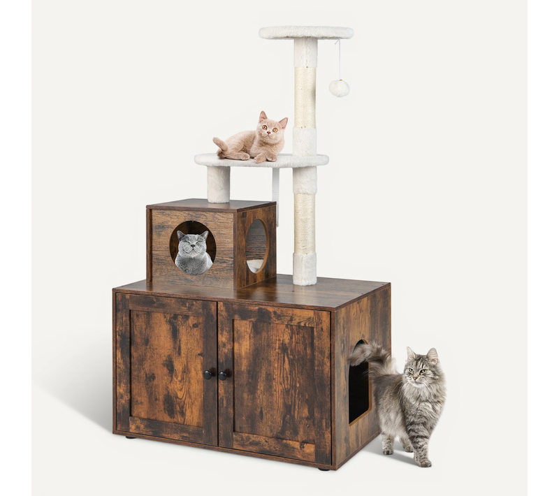 Arbre à Chat En Bois 132 Cm Avec Maison De Toilette Pour Chat à Double Porte, Griffoir En Sisal, St