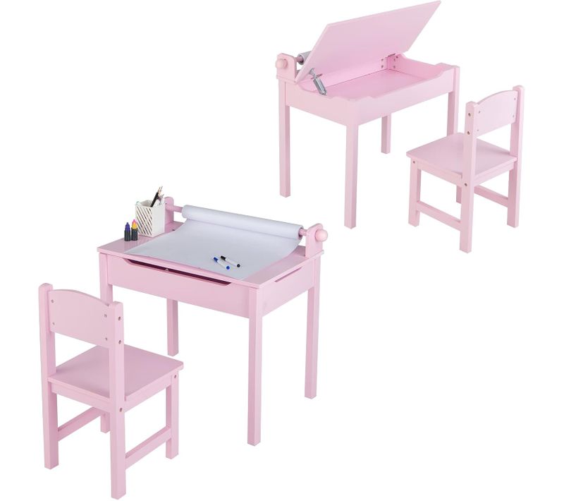Bureau En Pin Avec Tabouret Et Plateau Rabattable, Avec Rouleau De Papier, Pour Enfants 3 Ans+ Rose