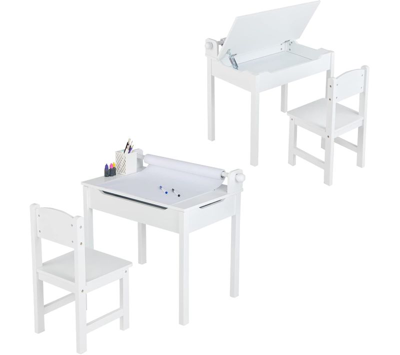 Bureau En Pin Avec Tabouret Et Plateau Rabattable Et Rouleau De Papier, Pour Enfants De 3 Ans+ Blanc