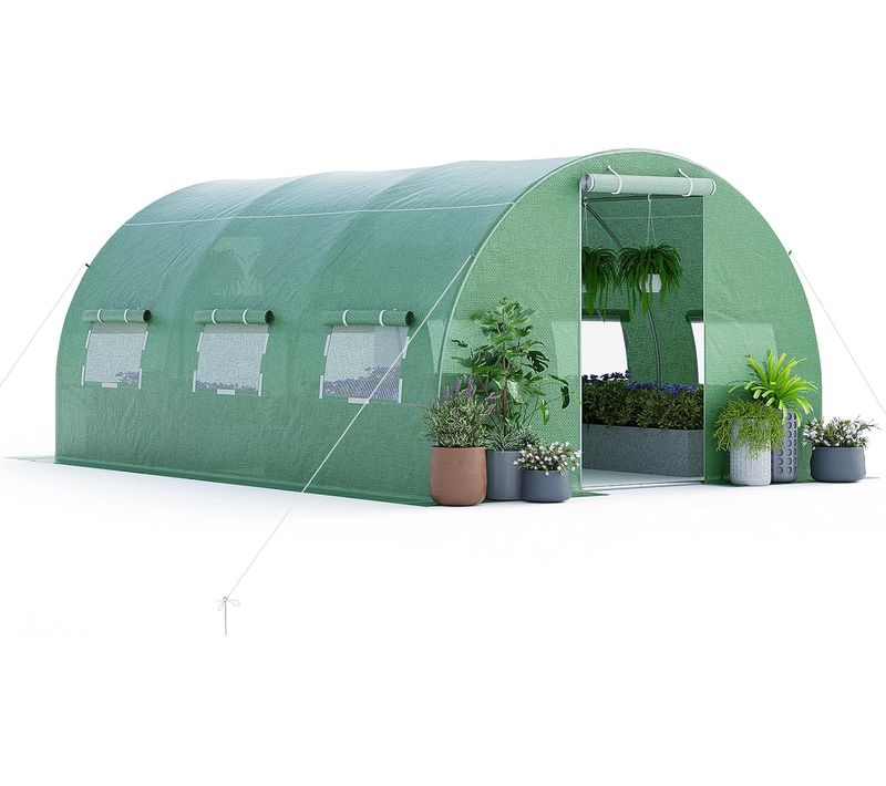 Serre De Jardin Tunnel 600x300x200 Cm Cadre En Acier Galvanisé Robuste, Serre Tunnel Coupe-vent