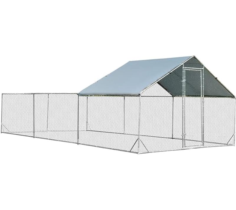 Poulailler En Acier Galvanisé 18㎡-6 X 3 X 1,95 M, Grand Enclos Poule Avec Porte Verrou