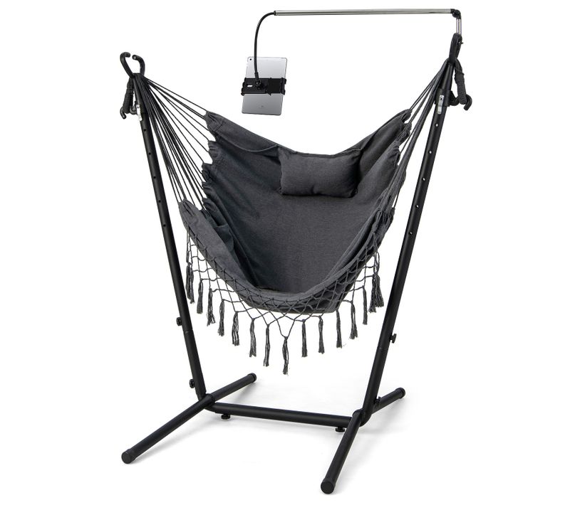 Hamac Sur Pied Avec Support 6 Hauteurs 96-146 Cm, Charge 250kg Avec Oreiller Poche Latérale Gris