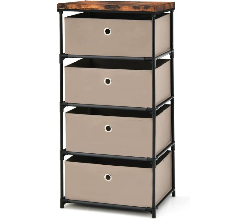 Commode 4 Tiroirs En Tissu, Commode Chambre Avec Cadre En Métal Et Plateau,Marron