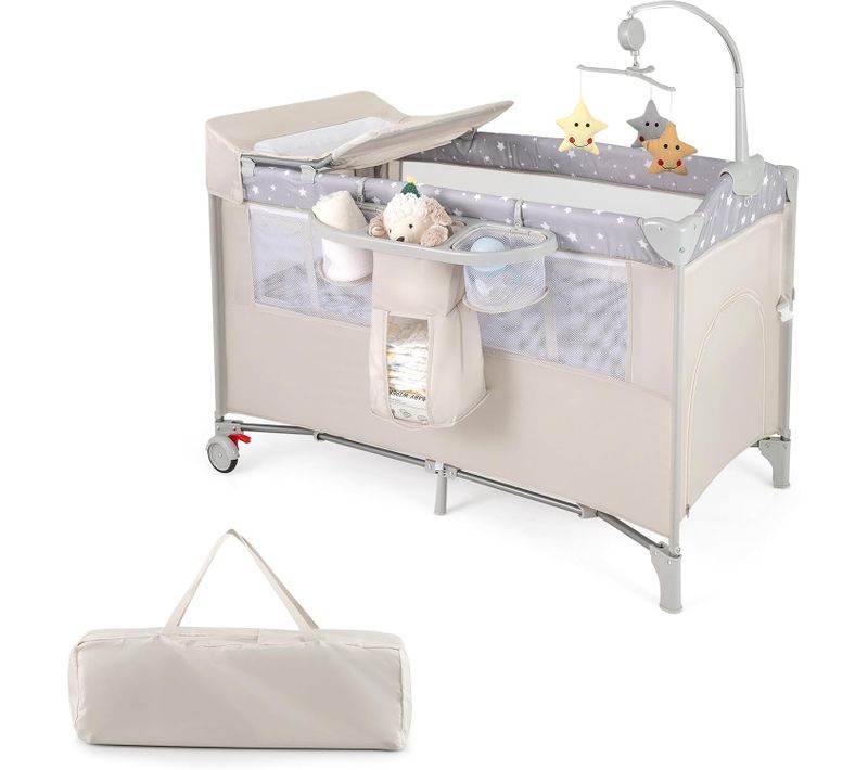 5 En 1 Lit Parapluie Bébé Avec Matelas Et Table à Langer Amovible, Lit Bébé Évolutif (beige)