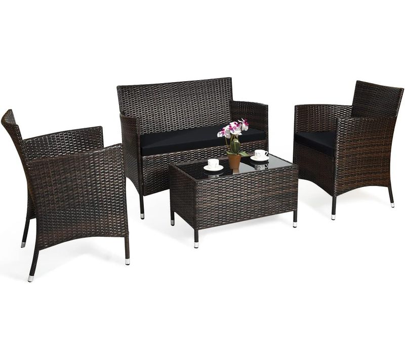 Salon De Jardin 4 Pièces En Rotin Pe Charge 160-320kg, Ensemble De Meubles D'extérieur, Marron+noir