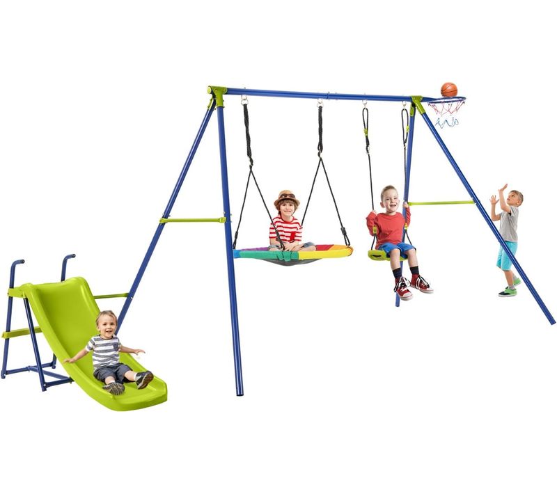 Portique De Balançoire 4 En 1 Avec Toboggan Et Panier De Basket, Charge 50kg