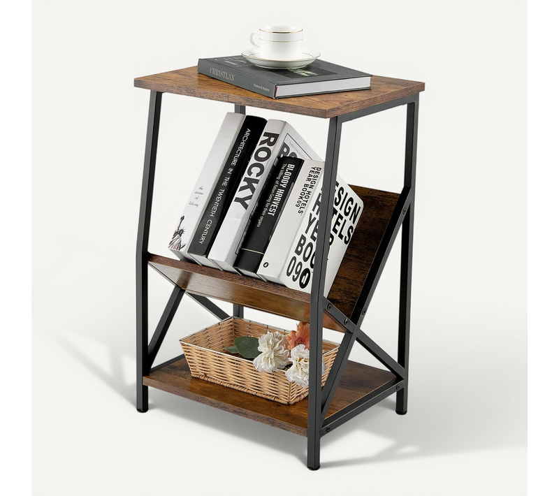 Table D'appoint Industriel, Bout De Canapé 3 Niveaux Avec Porte-revues, 40 X 30 X 61 Cm