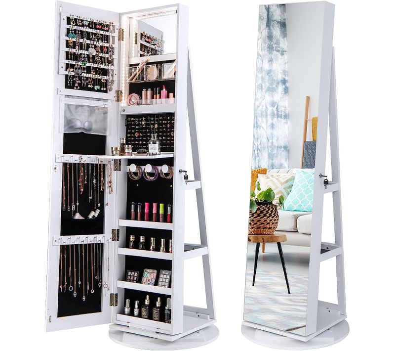 Armoire à Bijoux Pivotante à 360°, Rangement Bijoux Design 3 En 1 , Blanc