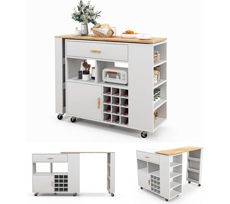 Ilot Central De Cuisine2 En 1, Meuble De Bar, Desserte Sur Roulettes Blanc