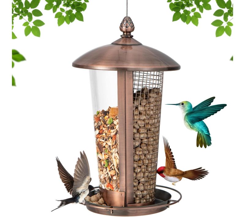 Mangeoire à Oiseaux Suspendue En Métal D'extérieur Capacité 1l, Abreuvoir à Oiseaux 2 En 1