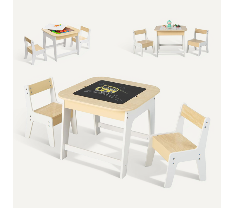 3 En 1 Table Et 2 Chaises En Bois Enfants Avec Plateau Double Face, Table D'activités Polyvalente