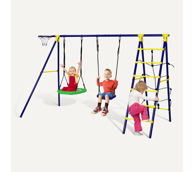 5 En 1 Balançoire Enfants Extérieur Avec Panier De Basket, Balançoire Nid D'oiseau Ø66cm Charge 75kg
