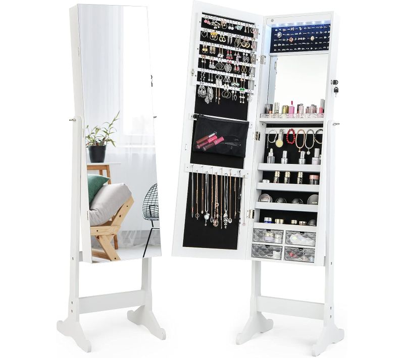 Armoire à Bijoux Sur Pieds Miroir Pleine Longueur, Armoire à Bijoux Verrouillable Avec Grand Espace