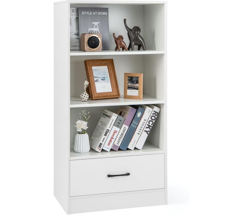 Bibliothèque Étagère En Bois à 4 Niveaux Avec Grand Tiroir, Meuble De Rangement(blanc)