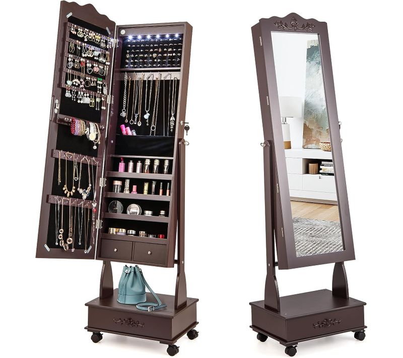 Armoire à Bijoux à Roulettes,Organisateur De Bijoux Verrouillable Réglable à 3 Positions,Marron