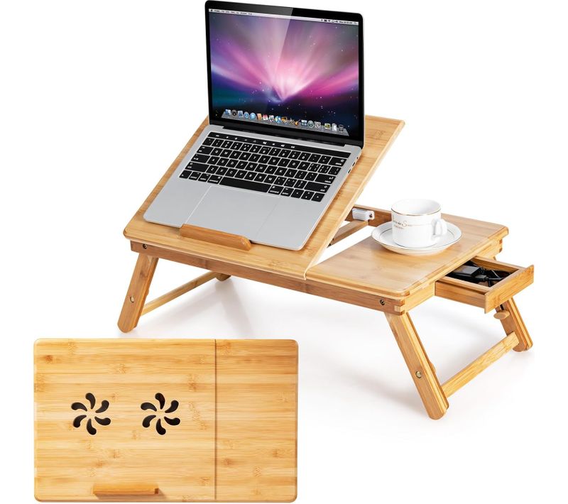 Table De Lit Pliable 53 X 33 Cm, Plateau De Lit En Bambou Avec Pieds Réglables, Naturel