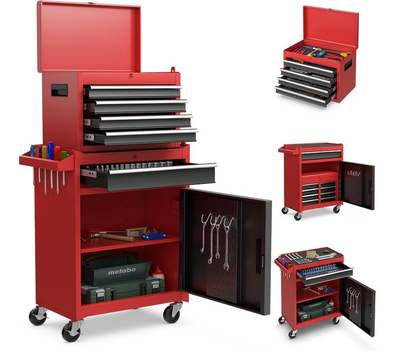 Servante D’atelier à Outils 4 Tiroirs Compartiment Amovible Etagère Réglable Planche Noir+rouge