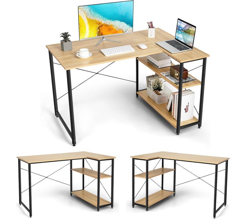 Bureau D'angle En Forme L Réversible, Poste De Travail Avec Étagères De Rangement,Beige
