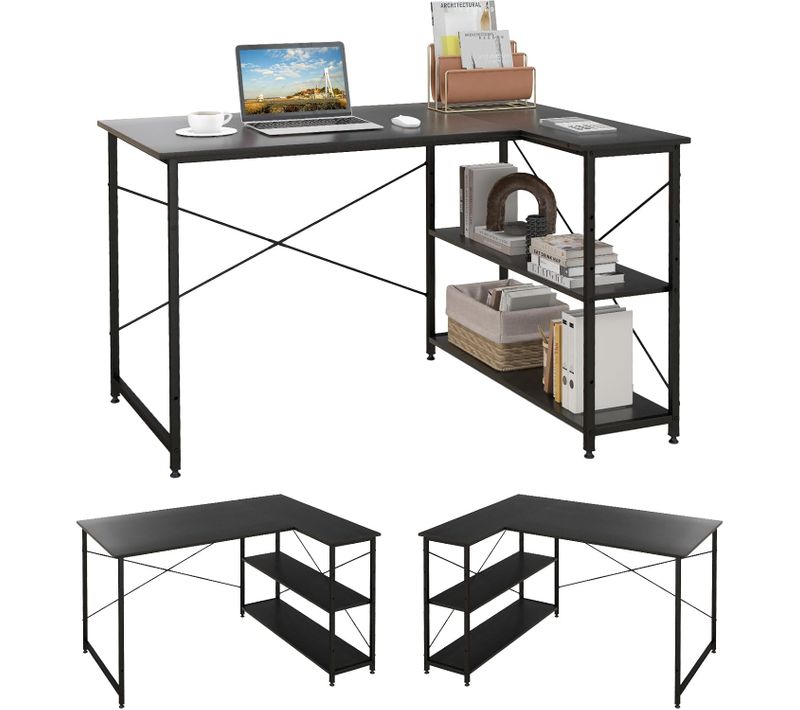 Bureau D'angle En Forme L Réversible, Poste De Travail Avec Étagères De Rangement,