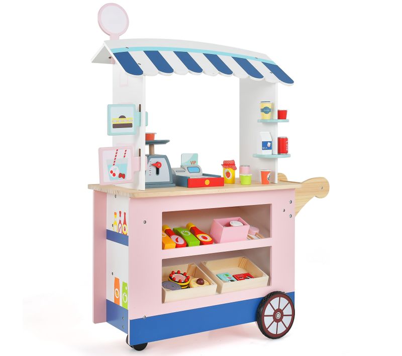 Epicerie Enfant En Bois Avec 30 PCs Accessoires, Marchande Enfants Avec Auvent Supérieur Et Poignée