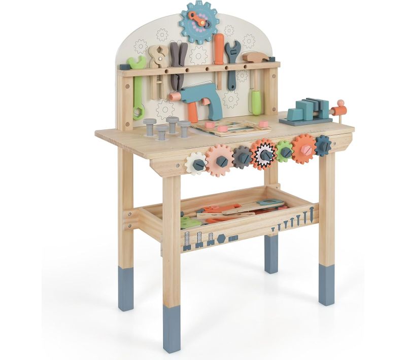 Jouet D'etabli En Bois Pour Enfants Avec 8 Outils Et 53 Accessoires(60x30x79cm)