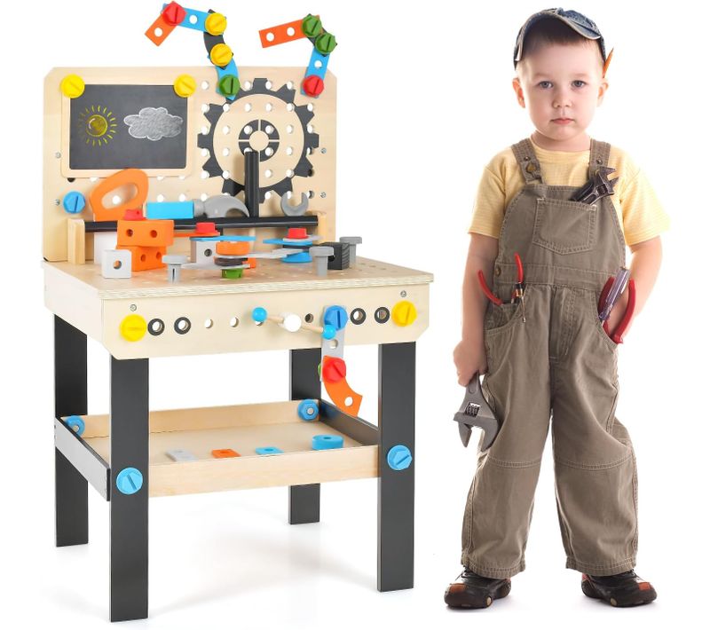 Jouet D'etabli En Bois Pour Enfants Avec 6 Outils Et 75 Accessoires(46x37x72cm)