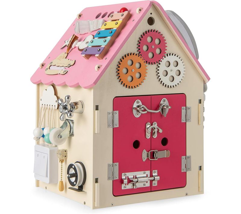 Cube D'activité En Bois En Forme Maison Avec Espace De Rangement Intérieur, 33x33x45cm(rose)