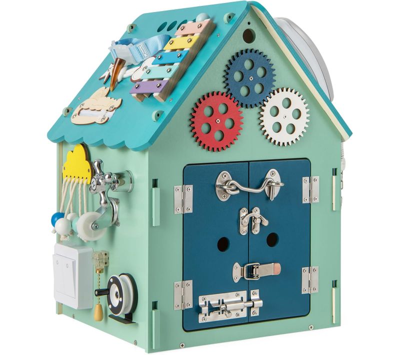 Cube D'activité En Bois En Forme Maison Avec Espace De Rangement Intérieur,33x33x45cm(bleu)