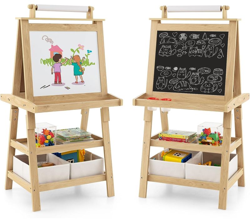 Chevalet Pour Enfants 3 En 1 Tableau De Dessin Magnétique Double Faces(naturel)
