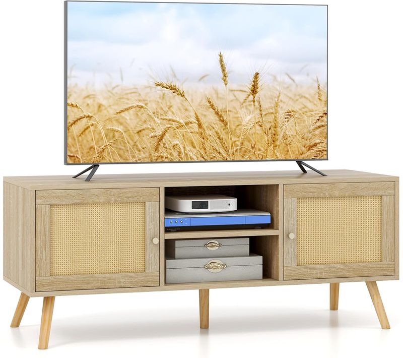 Meuble TV Bois, Meuble Tele à Porte Cannage Avec 4 Compartiments Pour TV 55", B120 X 40 X 40,5 Cm