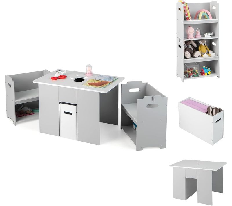 4 En 1 Table Enfants Avec 2 Chaises, Table D'activités Avec Banc De Rangement Et Couvercle Amovible