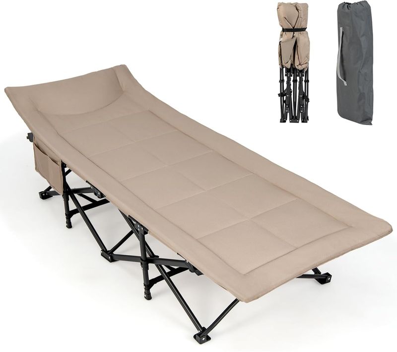 Lit De Camping Pliable 1 Personne, Lit De Repos Avec Sac De Transport Et Coussin,Charge 200 Kg,Beige