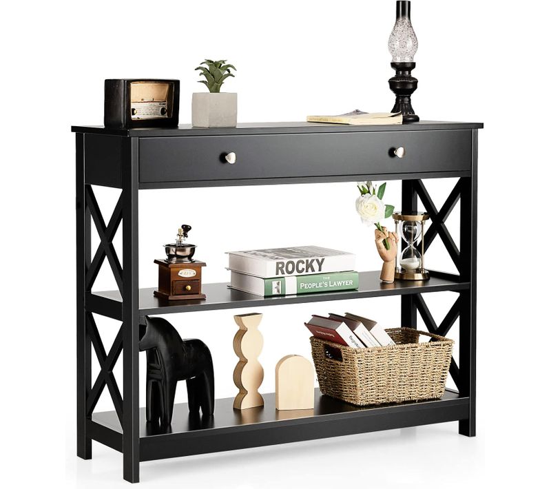 Table Console à 3 Niveaux, Console Entrée 1 Tiroir Et 2 Étagères, Cadre En X, 100x30x80cm Noir