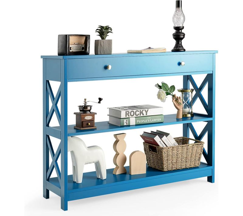 Table Console à 3 Niveaux, Console Entrée 1 Tiroir Et 2 Étagères, Cadre En X, 100x30x80cm Bleu