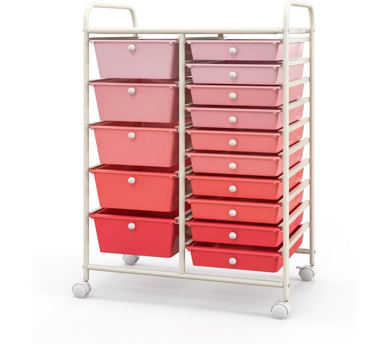 Chariot De Rangement 15 Tiroirs En Pp, Tour De Rangement à Roulette,63x37x87cm, Rose+blanc