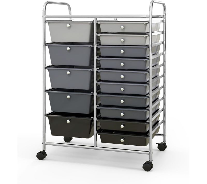 Chariot De Rangement 15 Tiroirs En Pp Empilables Amovibles,tour De Rangement,63x37x87cm,noir+argent