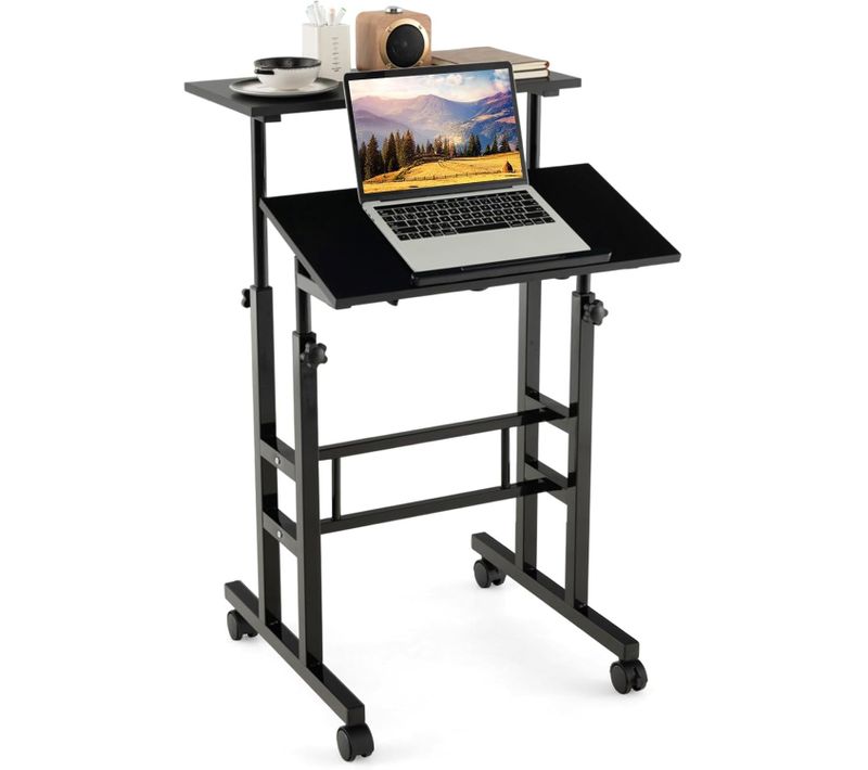 Bureau Assis-debout à Roulettes, Table Informatique à 2 Niveaux Pour Ordinateur (noir)
