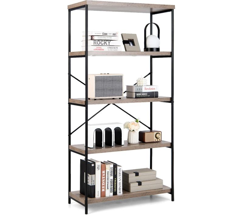 Bibliothèque Étagère à 5 Niveaux, Bibliothèque Industrielle En Bois Avec Cadre En Métal(gris)