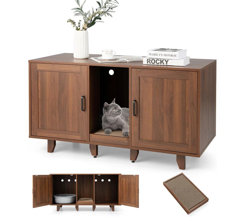 Meuble Litiere Chat En Bois, Planche à Griffer, 6 Pieds  Amovibles, 120 × 52 × 65 Cm, Brun