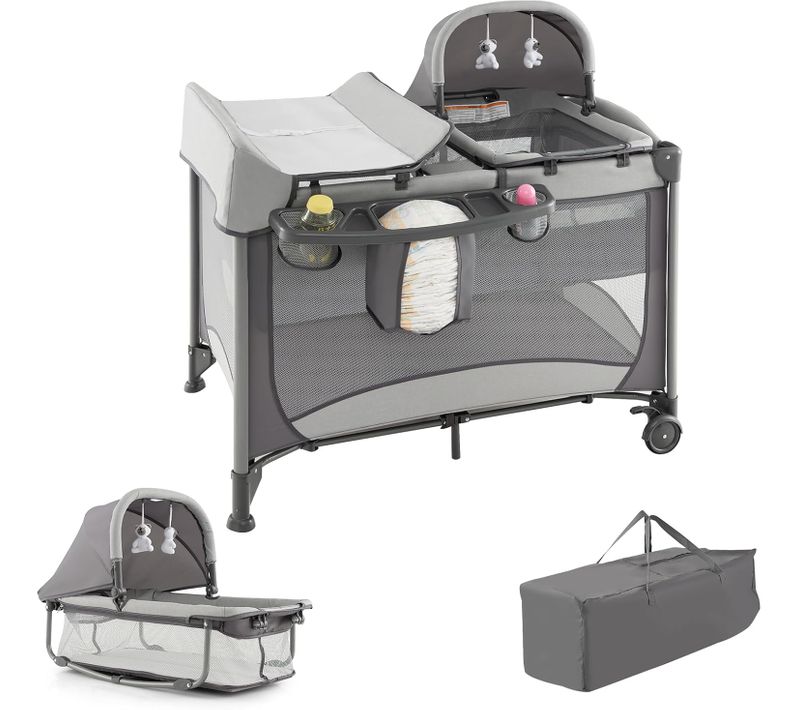 5 En 1 Lit Parapluie Bébé Avec Matelas et Table à Langer, Lit Bébé Evolutif Avec Berceau Amovible