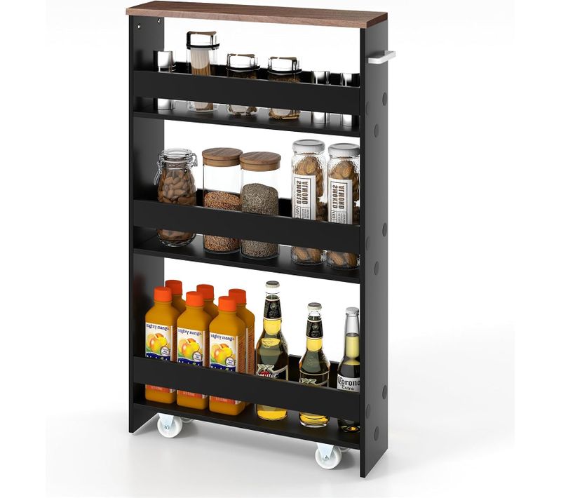 Chariot De Rangement à Roulettes, Desserte De Cuisine à 4 Niveaux, 47,5 X 13 X 80,5 Cm, Noir + Brun