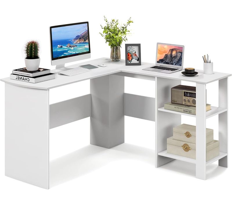 Bureau D'angle En Forme De L,table Informatique Avec Étagères De Rangement,bureau D'ordinateur,blanc