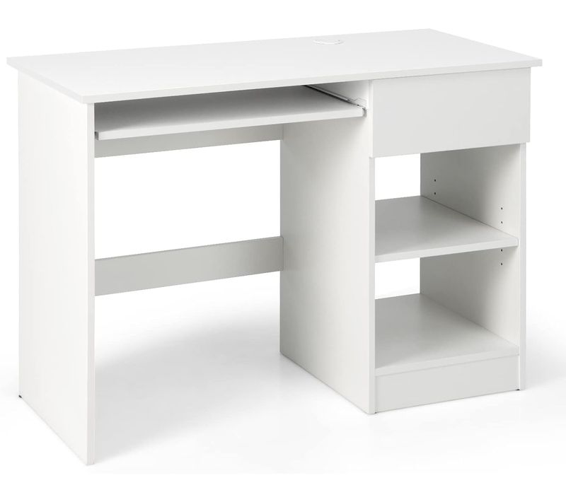 Bureau Blanc Pour Ordinateur, Bureau Informatique Avec Plateau Clavier Coulissant Et Un Grand Tiroir