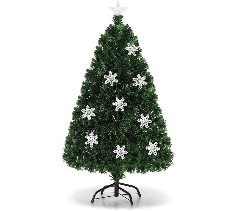 Sapin De Noël Artificiel à Fibre Optique Pré-éclairé 120 Cm, Blanc Avec Feuilles Irisées